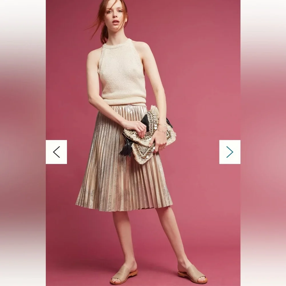 NWOT Anthropologie Maeve Pleated Metallic Gold Silver MIDI Skirt Holiday NYE M - Picture 2 of 7